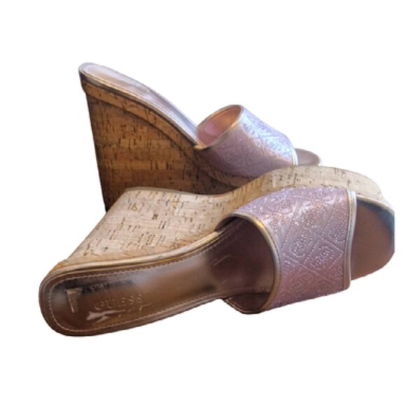 Guess Size 7 Womens Cork Platform Wedge Heels with Pink Sparkle Logo - Picture 5 of 8